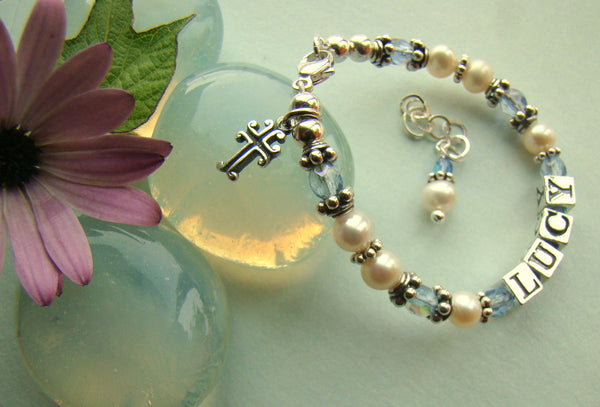 White Freshwater Pearl Birthstone Baptism Cross Charm Name Religious Bracelet