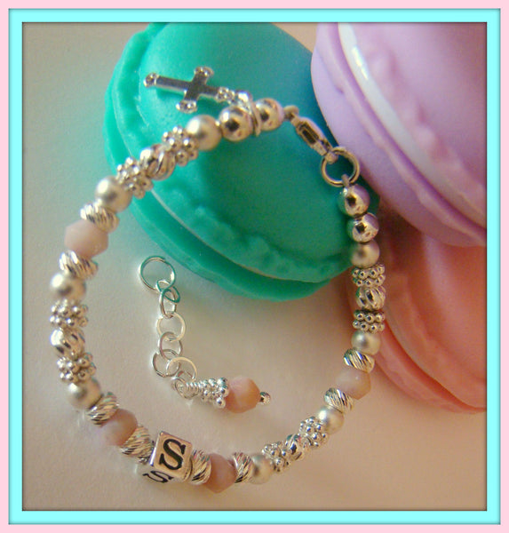 Sterling Silver Matte Finish Pink Opal October Gemstone Personalized Custom Name Bracelet