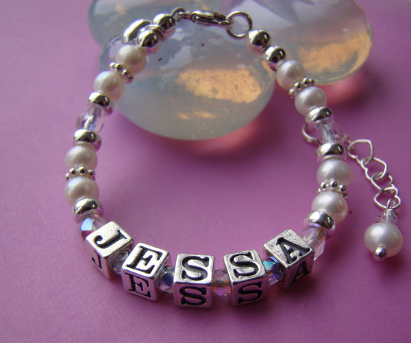 Freshwater White Pearls Satin Silver Birthstone Baby Child Children's Name Bracelet