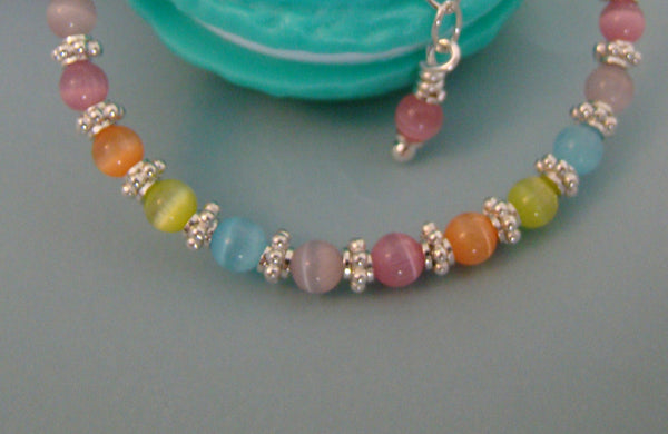 All Bright Sterling Silver Multicolor Pastel Colored Cat Eye Bracelet - Add A Name