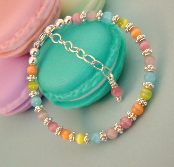 Pastel Colored Cats Eye Sterling Silver Fun Colorful Little Girls Bracelet