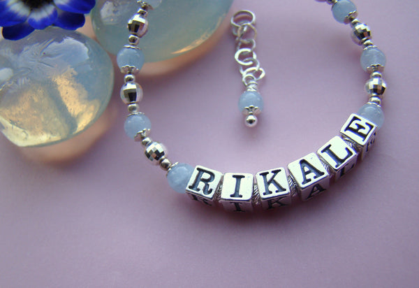 Aquamarine March Gemstone Birthstone Sterling Silver Mirrored Bead Name Bracelet