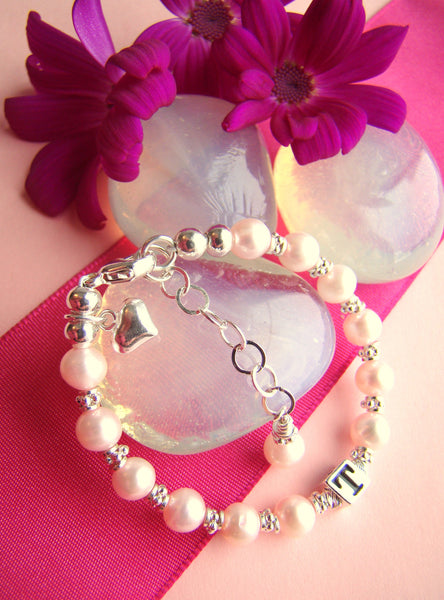 All Pink Natural Pearl Heart Charm Baby Monogram Name Bracelet