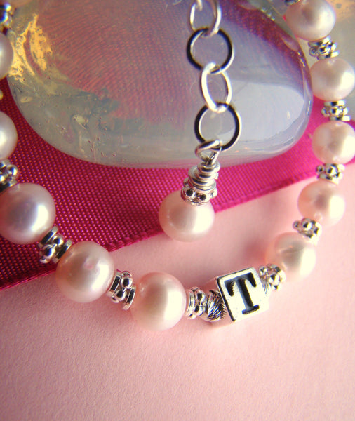 All Pink Natural Pearl Heart Charm Baby Monogram Name Bracelet