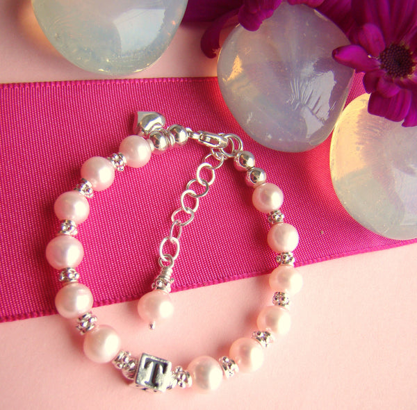 Freshwater Pink Pearls Sterling Silver Pink Pearl Monogram Charm Bracelet