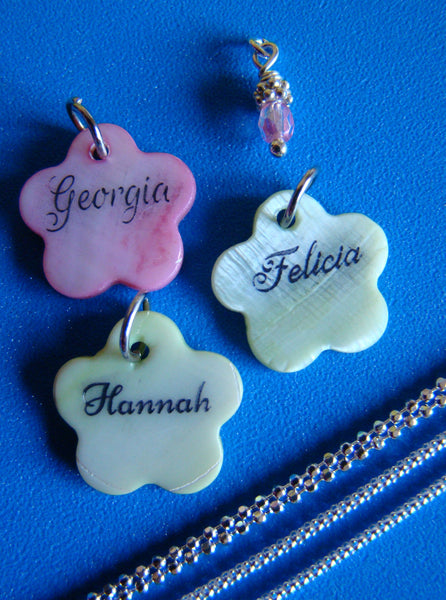 Engraved Mother Of Pearl Shell 20mm Pink or Green Flower Custom Name Pendant