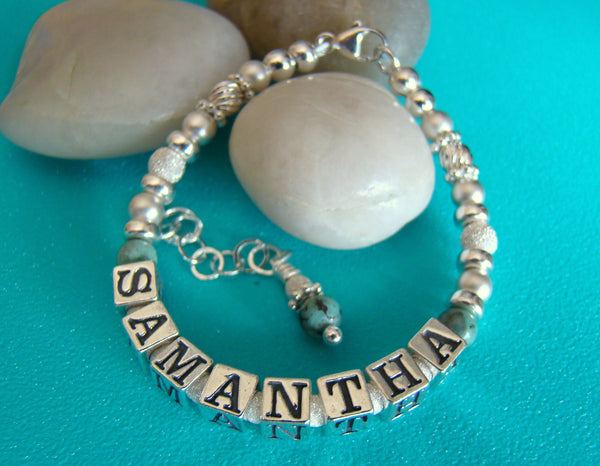 December Gemstones Natural Grade A Turquoise Custom Name Bracelet