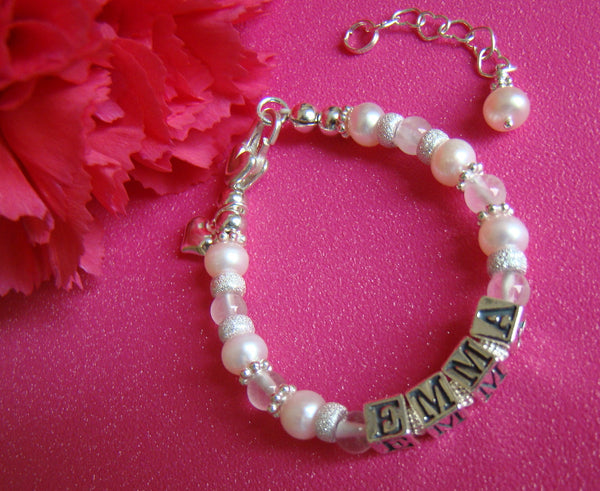 Sparkling Stardust Pink Pearl Rose Quartz Gemstone Baby Name Bracelet