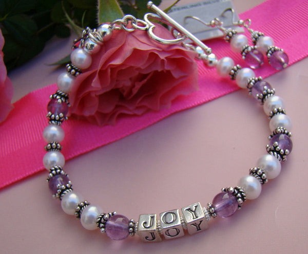 Light Amethyst Gemstone White Pearl June Birthstone Bali Name Bracelet