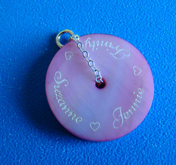 Engraved Mother Of Pearl Pink Shell 20mm Round Circle Single Double Triple Name Pendant