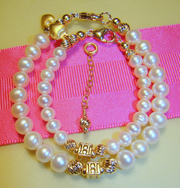 Freshwater Cultured Pearls Gold Baptism Mother and Daughter Matching Monogram Bracelets