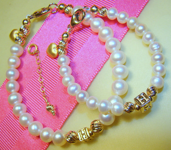 All Gold Filled White Classic Pearls Mother Daughter Matching Monogram Initial Bracelets