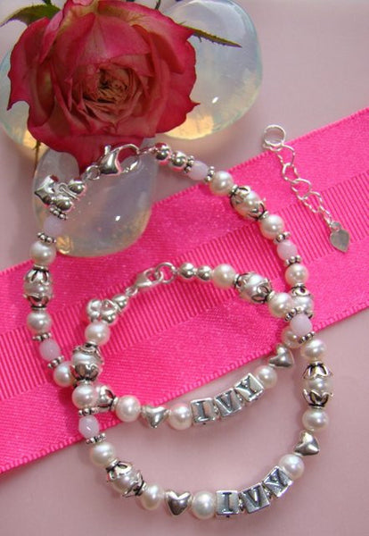 Mother and Daughter Vintage White Pearls Silver Twists and Puffed Hearts Name Bracelets