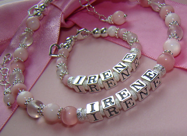 Mother and Daughter Matching Pink Gemstones Sterling Silver Custom Name Personalized Bracelets