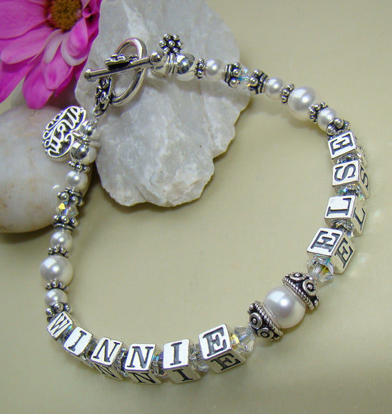 Mothers White Pearl and Swarovski Crystal Family Birthstone Bracelet