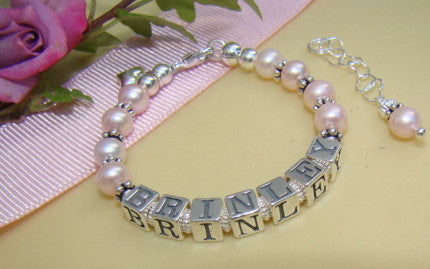 Perfect pink pearls bali sterling silver name bracelet 