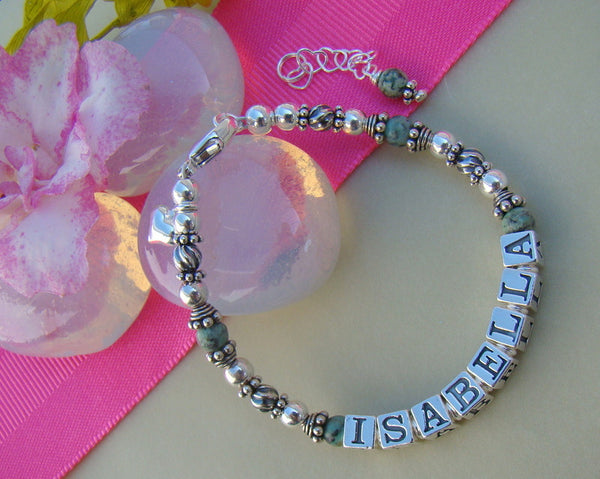 Turquoise Silver Gemstone December Birthstone Name Bracelet