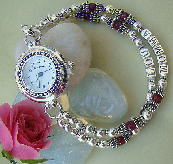 Gold Filled Sterling Silver Mothers Mom Name Personalized Ruby July Gemstone Natural Birthstone Watch