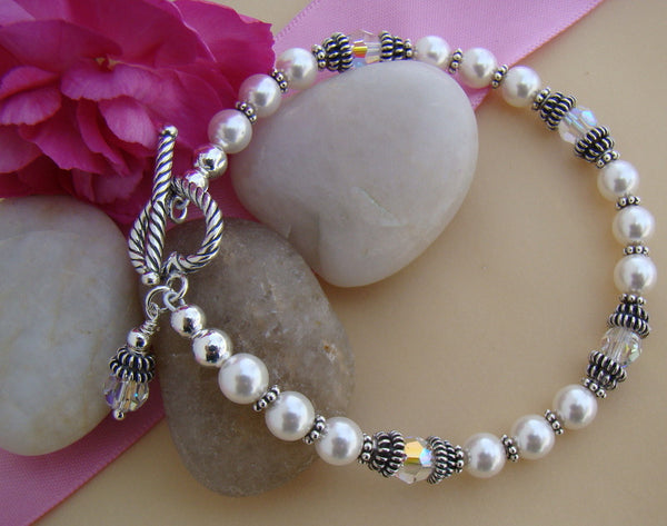Double Bali Sterling Silver White Pearl Crystals Birthstone Bracelet