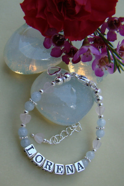 Aquamarine Gemstone March Birthstone Rose Quartz Hearts Name Bracelet
