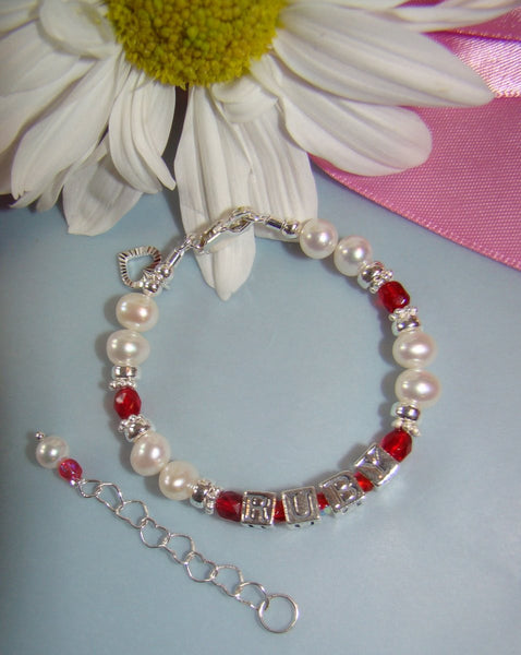 Fire Czech Red Ruby July Birthstone Crystal White Pearl Name Bracelet