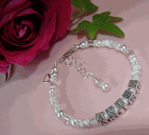 Sparkling White Pearls Quartz and White Opals Gemstone Custom Personalized Name Bracelet