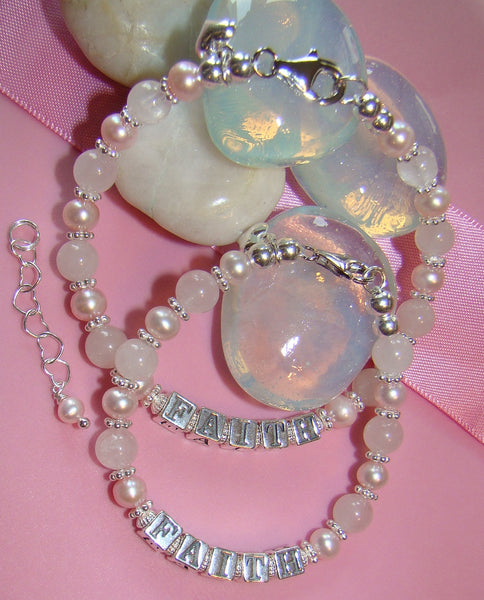Mother and Daughter Soft Rose Quartz Pink Pearls Name Bracelets
