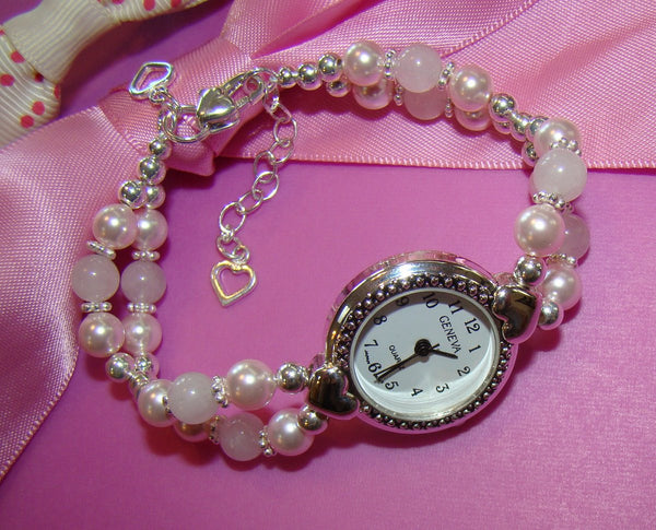 Soft Pink Freshwater Pearls and Rose Quartz Gemstone Ladies Beaded Watch