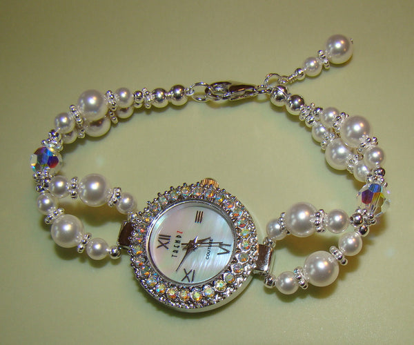 All White Crystal Pearls Rainbow Crystals Beaded Ladies Watch
