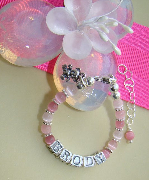 Pink Cats Eye Little Girl Teddy Bear Charm Bright Sterling Silver Bracelet 