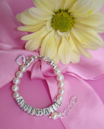 Classic Freshwater White Round Pearl Sterling Silver Name Bracelet
