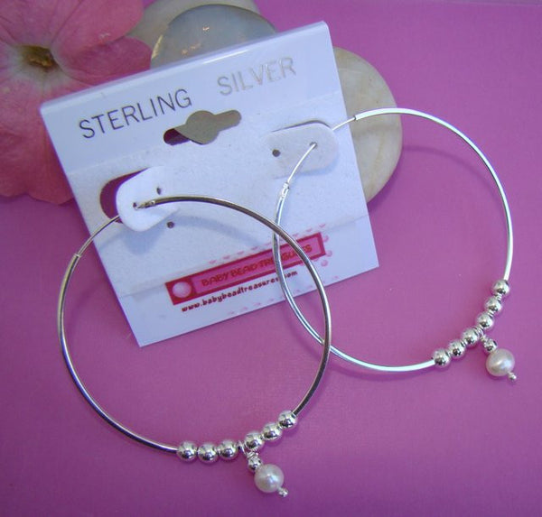 Custom Sterling Silver Large Two Inch Hoop Pearls or Family Birthstone Earrings