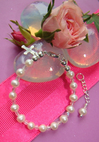 Freshwater Pearls Tiny Crystals Baby Child Cross Charm Baptism Religious Bracelet