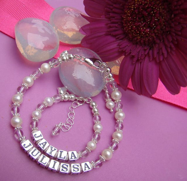 Mother and Daughter Freshwater White Pearls April Crystal Gemstone Custom Name Bracelets