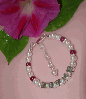 White Freshwater Pearls and Gemstones Ruby July Birthstone Personalized Name Bracelet