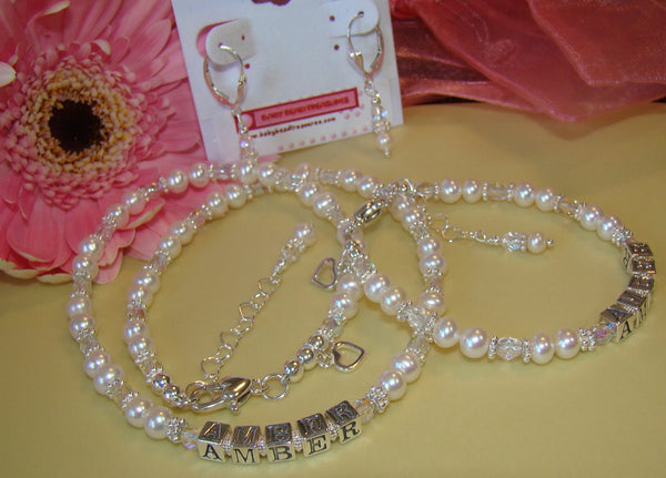 Freshwater White Pearls Fire Czech Birthstone Name Necklace Bracelet Earrings