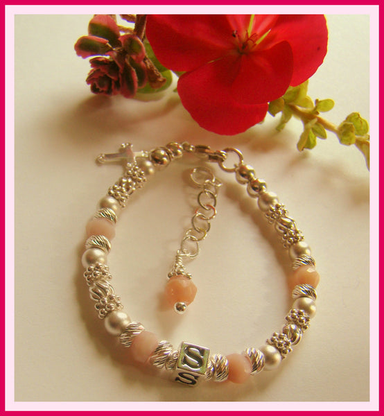 Pink Peruvian Natural Opal Birthstone Baby Child Name Bracelet