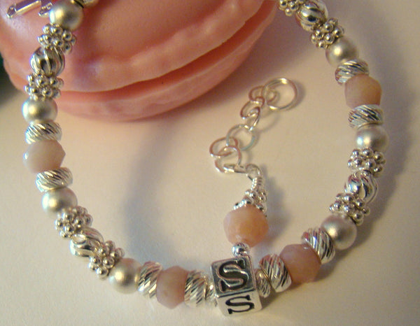 Sterling Silver Monogram Initial Pink Opal Birthstone Baby Bracelet