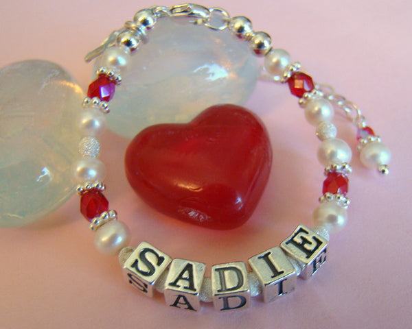 July Ruby Child Baby Name First Communion Bracelet with White Pearls