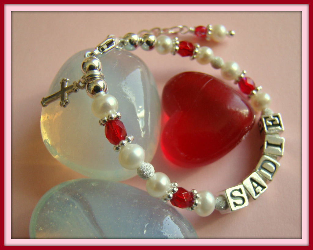 July Ruby Freshwater Cultured Pearls Baby Child Name Bracelet