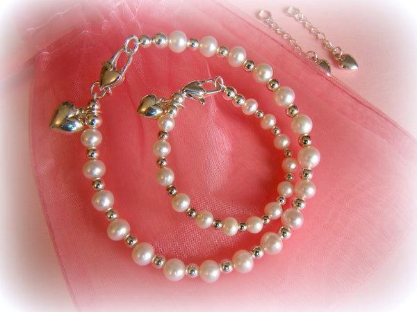 White Freshwater Pearls Mother and Daughter Silver Bracelets