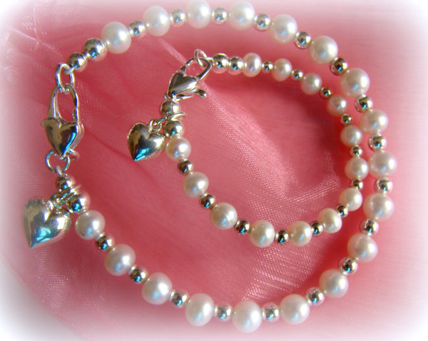 White Freshwater Pearls Mother and Daughter Silver Bracelets