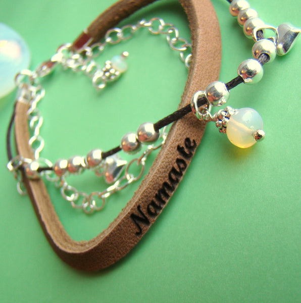 Engraved Leather Wrapped Personalized Message Birthstone Name Bracelet