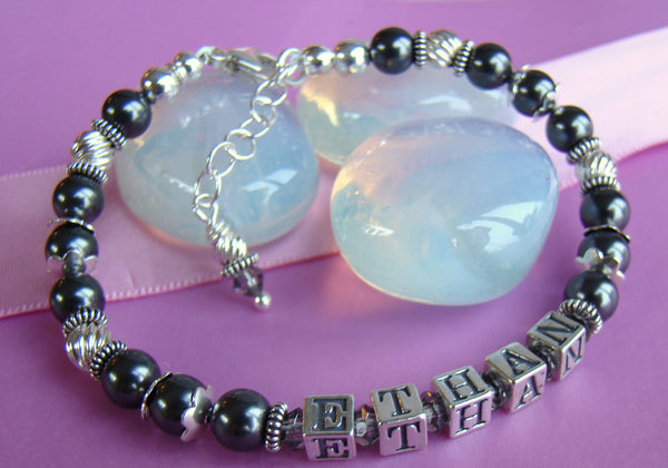 Swarovski Crystal Pearls White Black or Pink Bali Silver Custom Name Bracelet