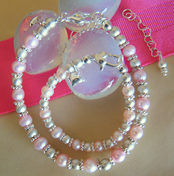 Mother Daughter Pink Pearl Bracelets with Matte Sterling Silver