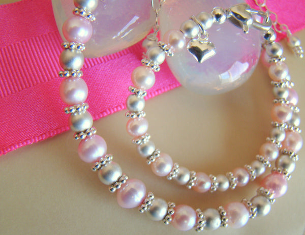 Mother Daughter Pink Pearl Bracelets with Matte Sterling Silver