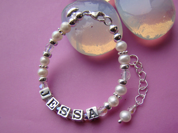 Custom Girl Child Baby Name Birthstone Bracelet Sterling Silver White Pearls