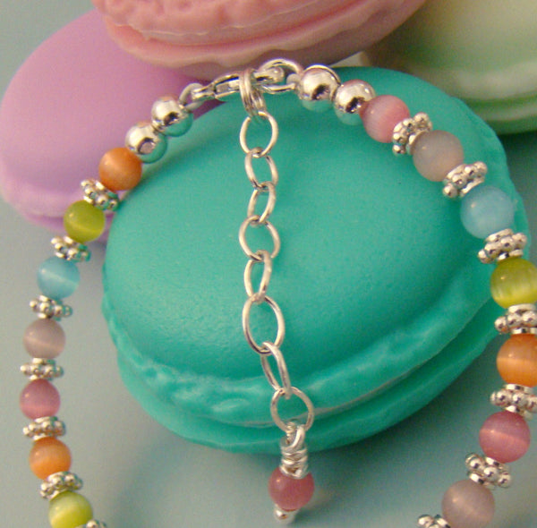All Bright Sterling Silver Multicolor Pastel Colored Cat Eye Bracelet - Add A Name