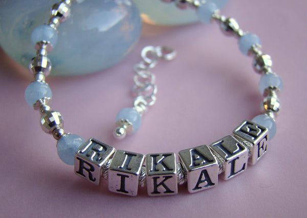 Aquamarine March Gemstone Birthstone Sterling Silver Mirrored Bead Name Bracelet