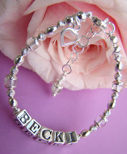 Sterling Silver Traditional April Crystal Gemstone Birthstone Fancy Twists Name Bracelet